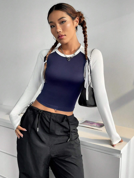 Two Tone Raglan Sleeve Crop Tee