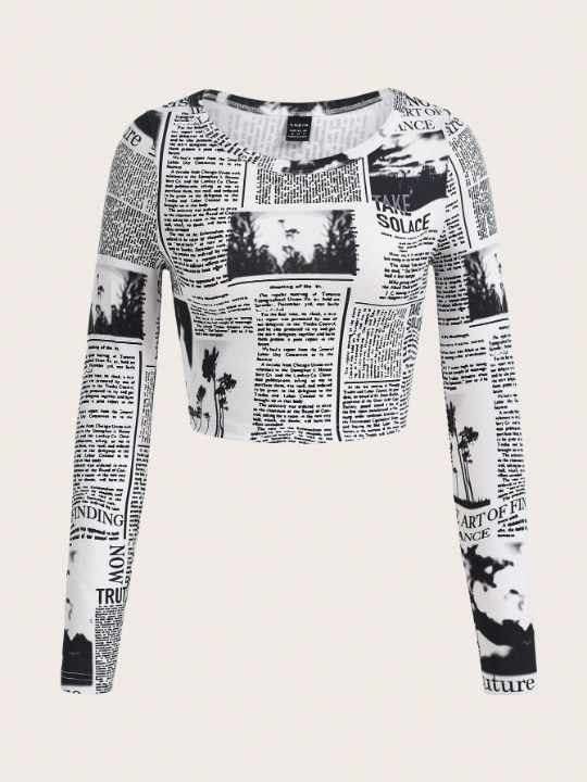 EZwear Newspaper Print Long Sleeve Short Fit T-Shirt