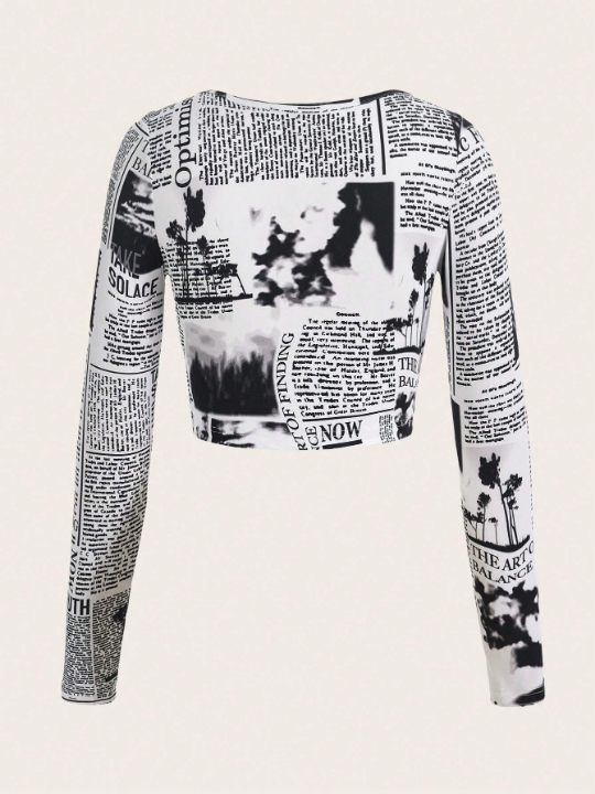 EZwear Newspaper Print Long Sleeve Short Fit T-Shirt