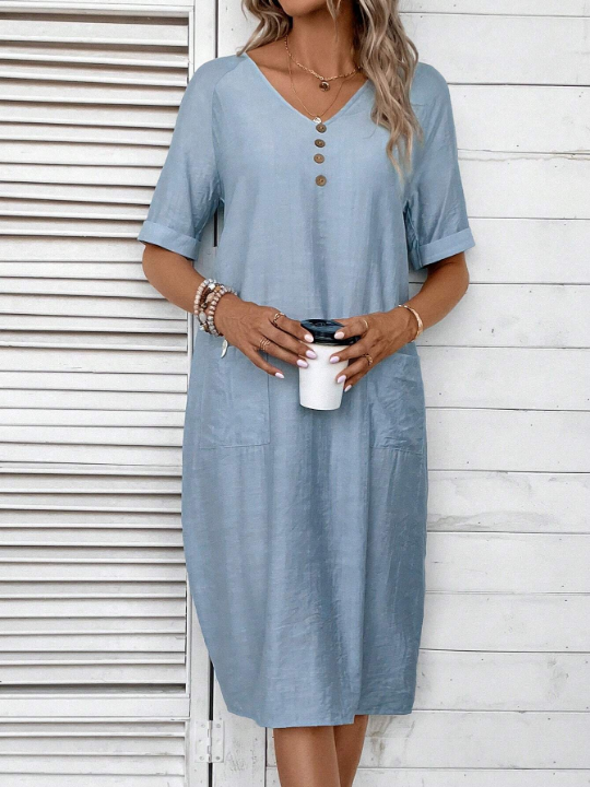 LUNE Solid Button Detail Dual Pockets Tunic Dress