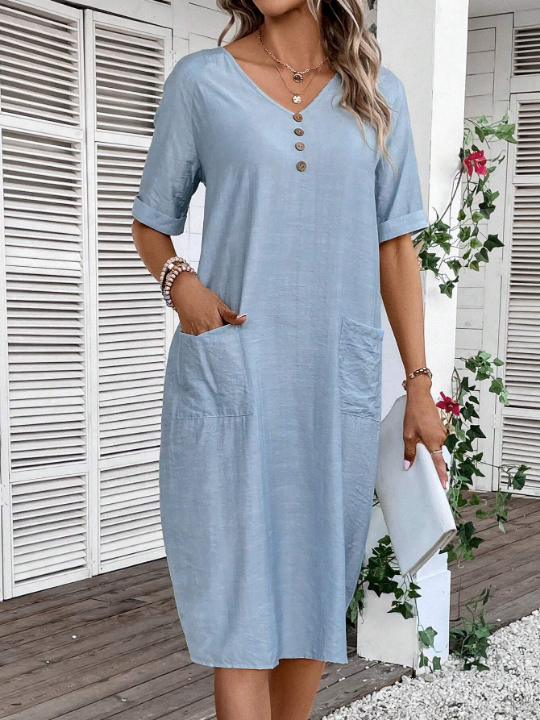 LUNE Solid Button Detail Dual Pockets Tunic Dress