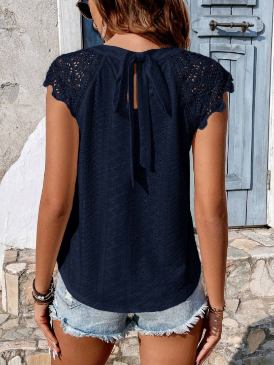 Frenchy Contrast Lace Tie Back Blouse