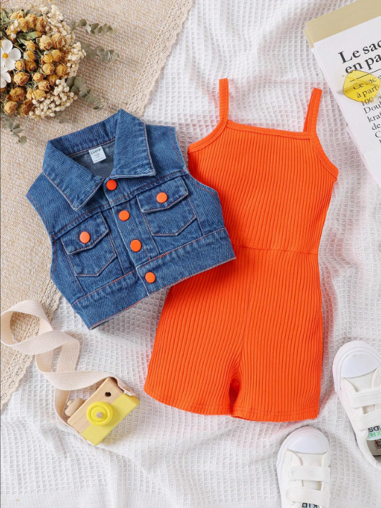 SHEIN Young Girl Flap Detail Denim Vest & Rib-Knit Cami Romper