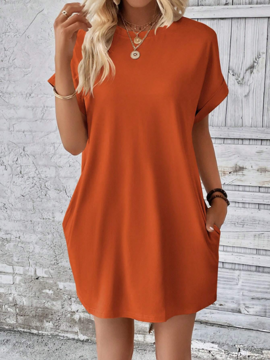 LUNE Solid Batwing Sleeve Hidden Pocket Tee Dress