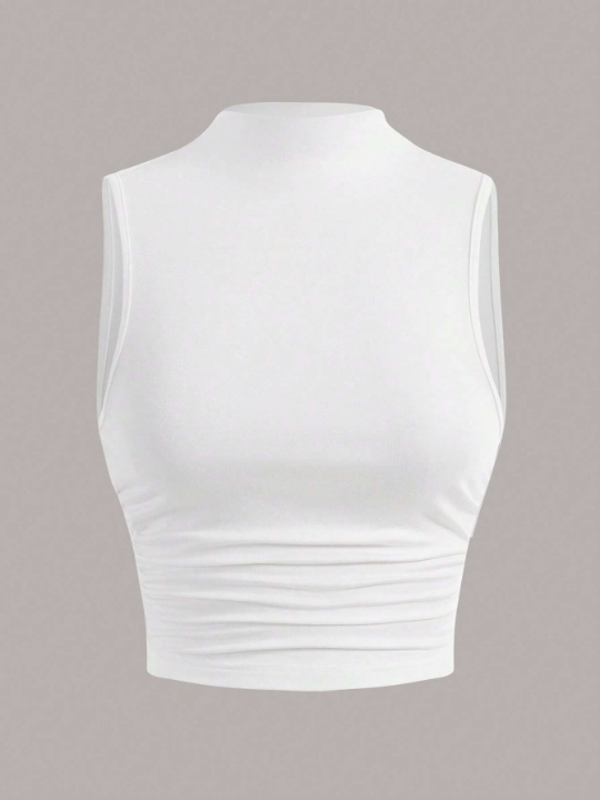 EZwear Summer Going Out Mock Neck Ruched Side White Summer Tank Top