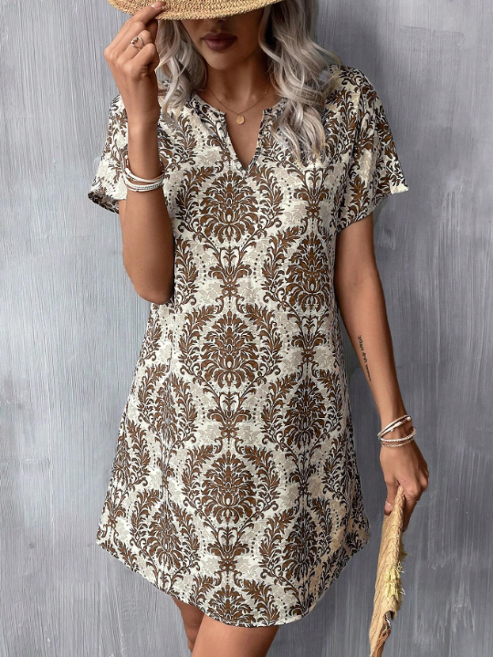 LUNE Summer Allover Print Notched Neck Batwing Sleeve Tunic Dress