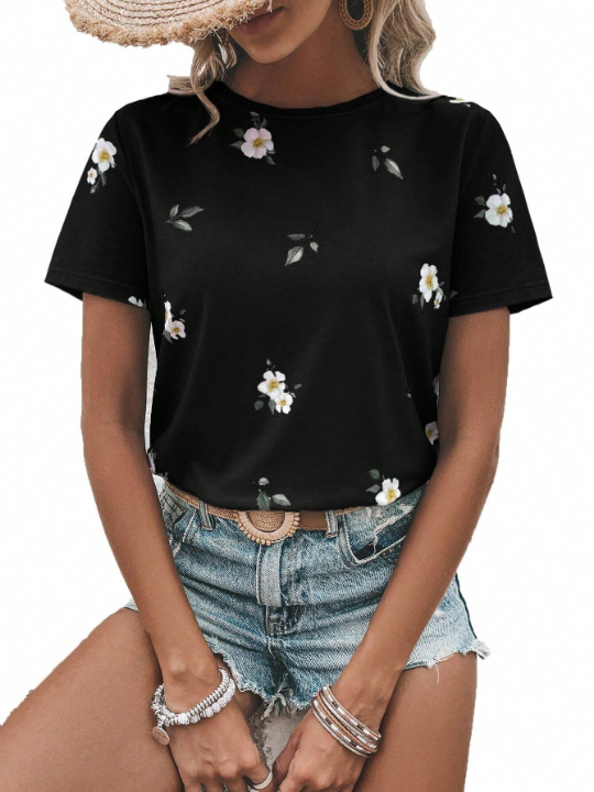 LUNE Floral Print Round Neck Tee Graphic T Shirt