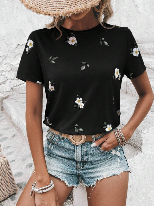 LUNE Floral Print Round Neck Tee Graphic T Shirt