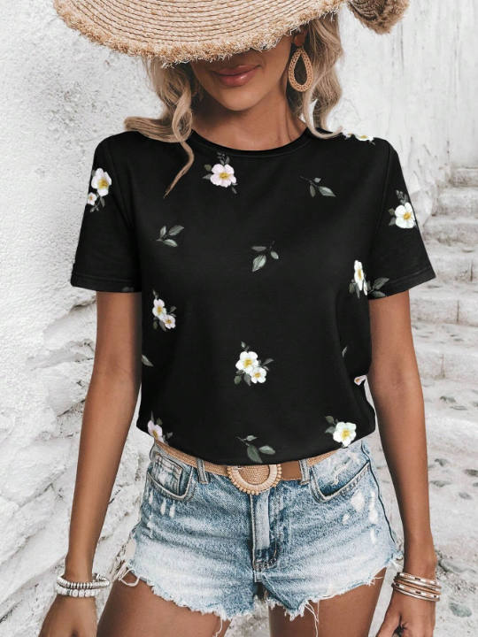 LUNE Floral Print Round Neck Tee Graphic T Shirt