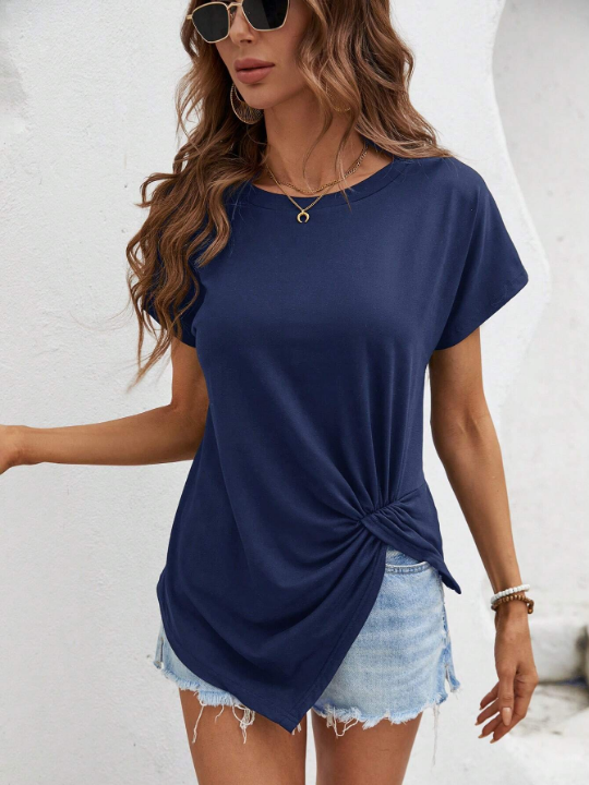 LUNE Twist Front Asymmetrical Hem Tee