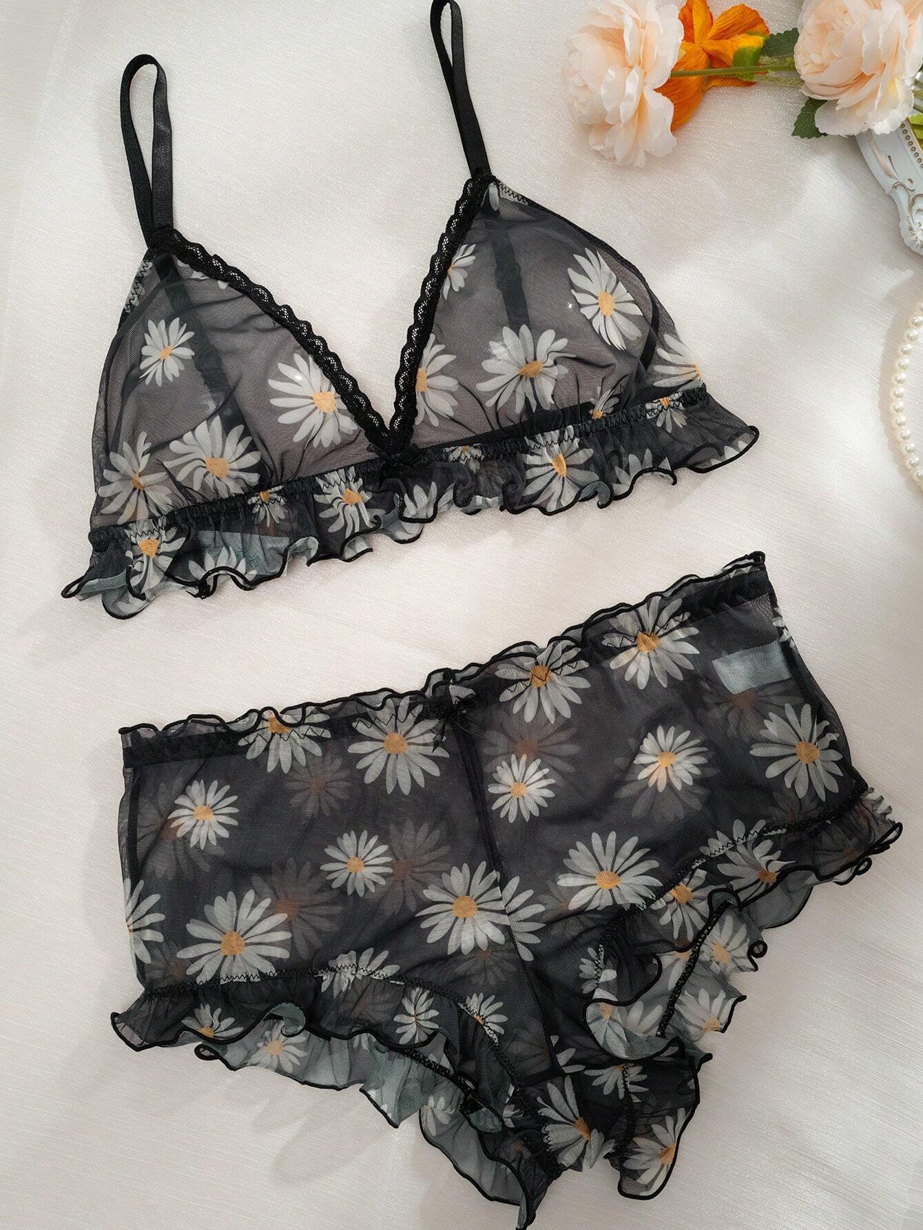 Daisy Floral Print Lettuce Trim Mesh Lingerie Set