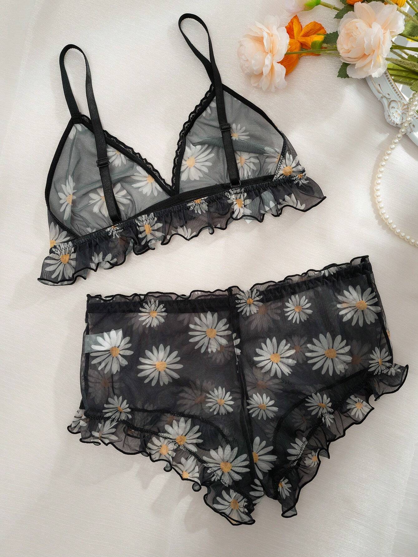 Daisy Floral Print Lettuce Trim Mesh Lingerie Set