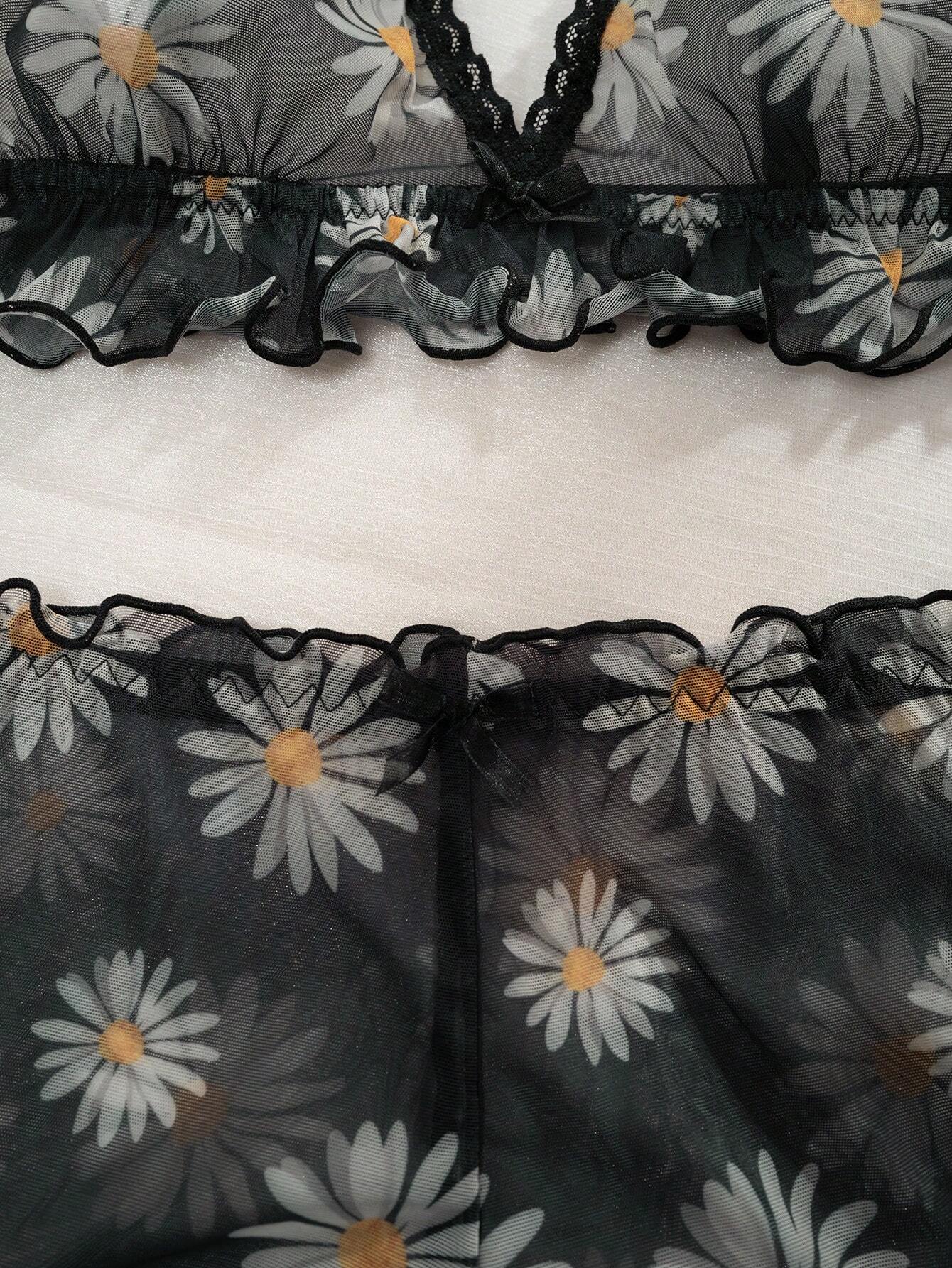 Daisy Floral Print Lettuce Trim Mesh Lingerie Set