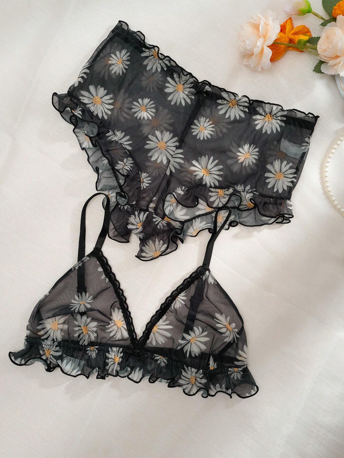 Daisy Floral Print Lettuce Trim Mesh Lingerie Set