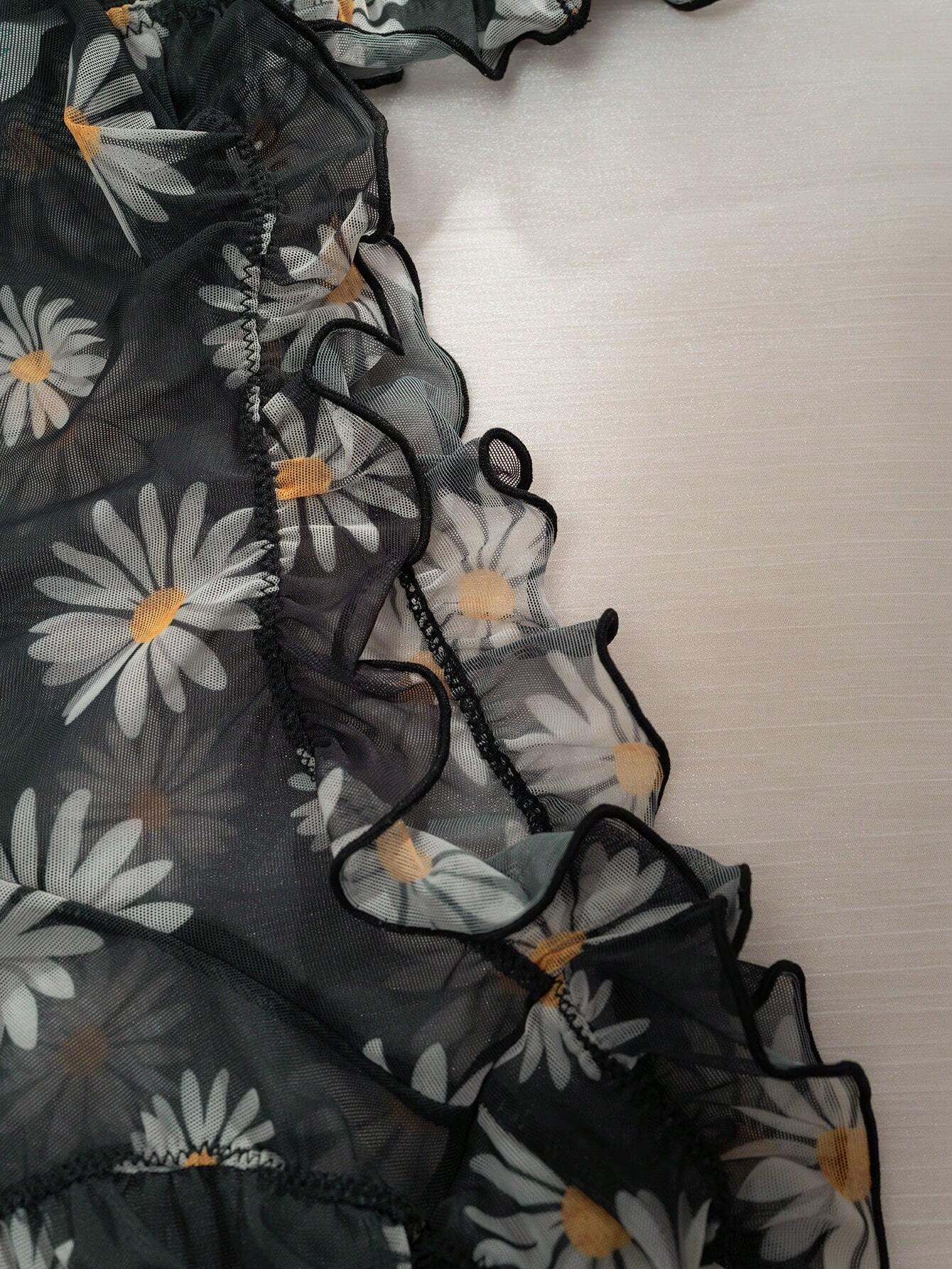 Daisy Floral Print Lettuce Trim Mesh Lingerie Set