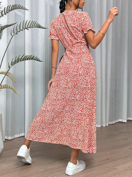 VCAY Ditsy Floral Print Knot Side Wrap Dress