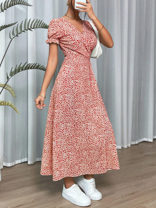 VCAY Ditsy Floral Print Knot Side Wrap Dress