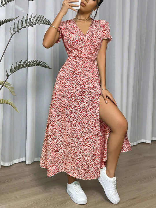 VCAY Ditsy Floral Print Knot Side Wrap Dress