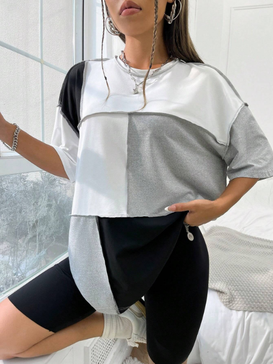 Colorblock Top-stitching Drop Shoulder Tee