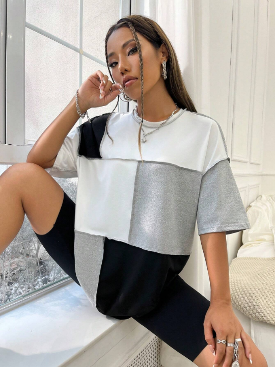 Colorblock Top-stitching Drop Shoulder Tee