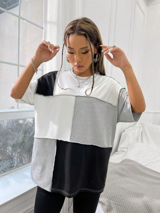 Colorblock Top-stitching Drop Shoulder Tee