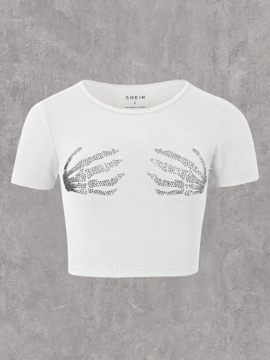 Coolane Rhinestone Skeleton Hand Print Tee