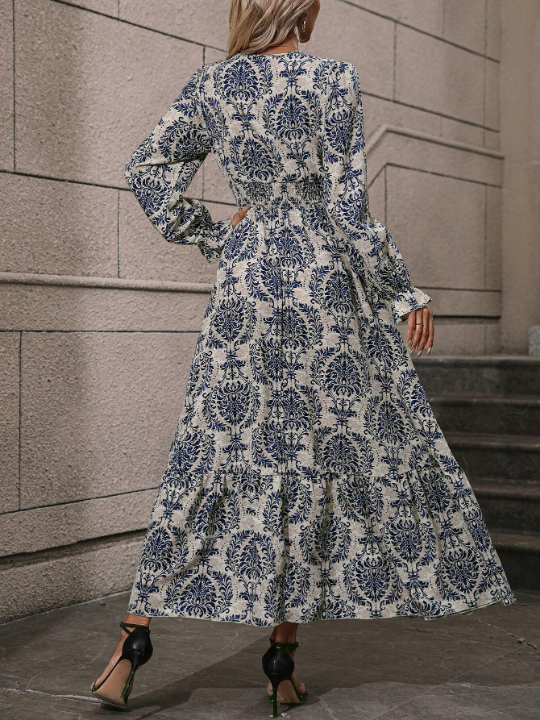 LUNE Allover Print Flare Sleeve Belted Dress