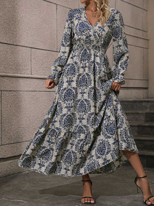 LUNE Allover Print Flare Sleeve Belted Dress