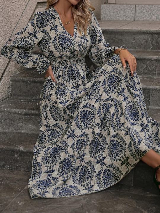 LUNE Allover Print Flare Sleeve Belted Dress