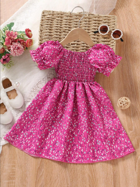 Young Girl Ditsy Floral Print Puff Sleeve Shirred Dress