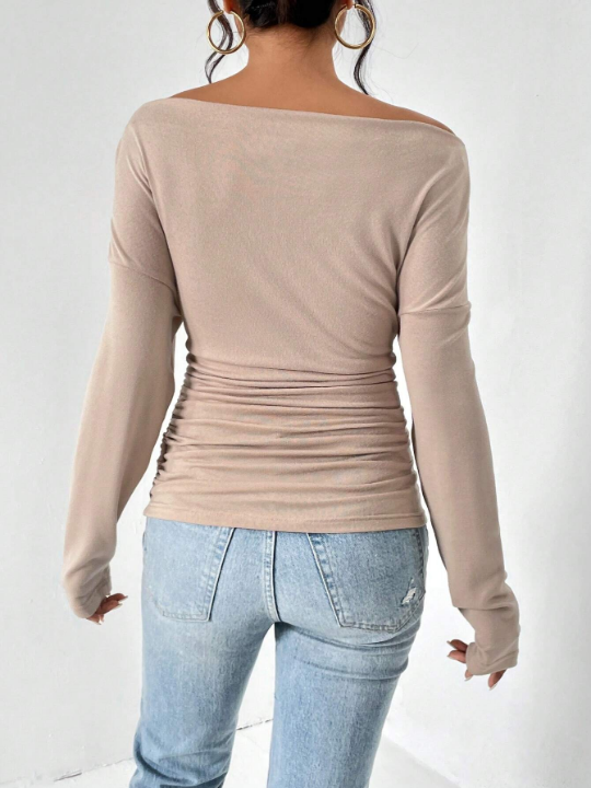 Essnce Asymmetrical Neck Drop Shoulder Ruched Tee