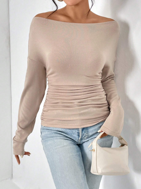 Essnce Asymmetrical Neck Drop Shoulder Ruched Tee