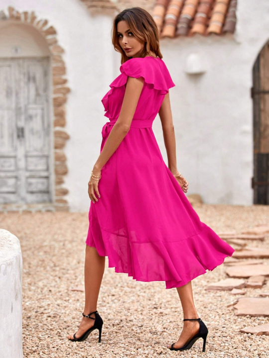 Frenchy Solid Ruffle Trim Belted Wrap Dress