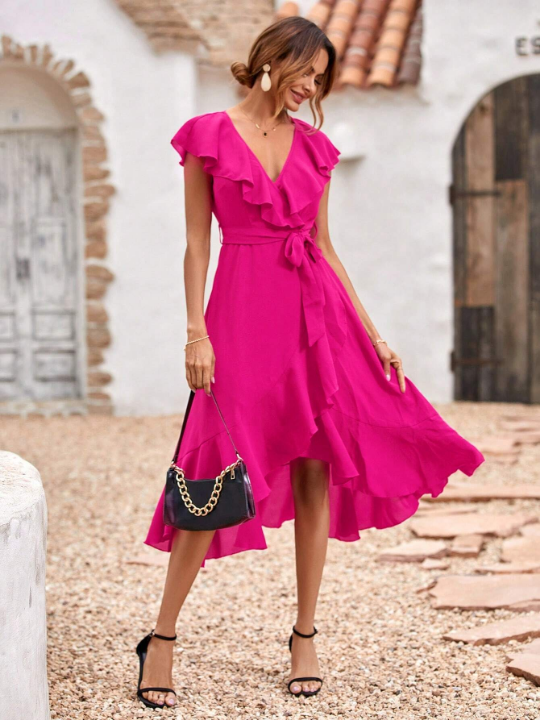 Frenchy Solid Ruffle Trim Belted Wrap Dress