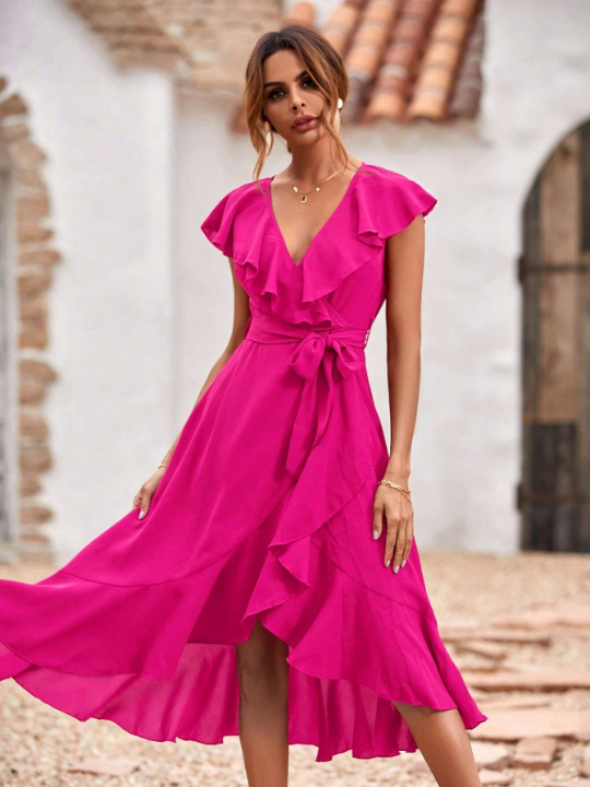 Frenchy Solid Ruffle Trim Belted Wrap Dress