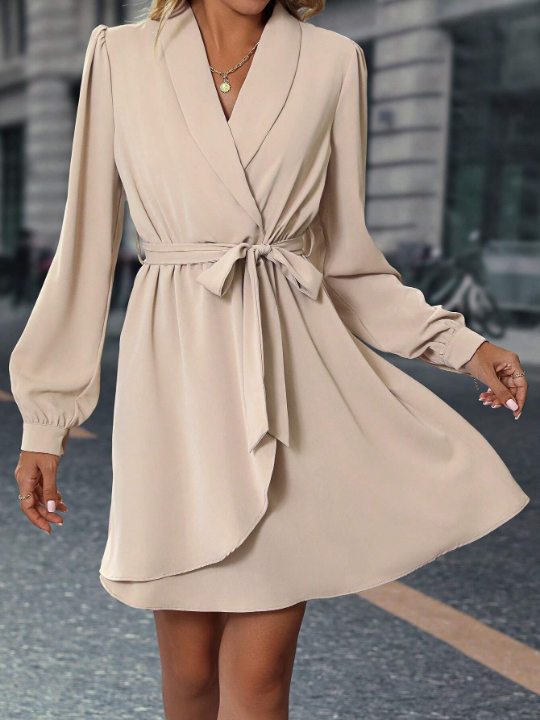 Shawl Collar Lantern Sleeve Belted Dress