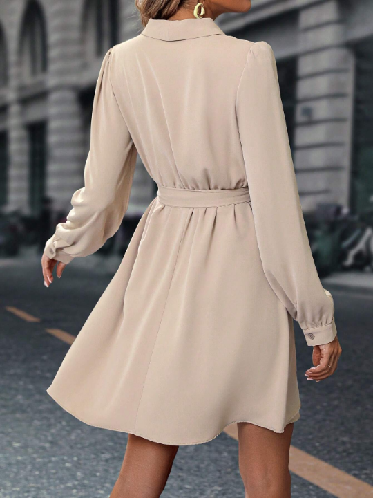 Shawl Collar Lantern Sleeve Belted Dress