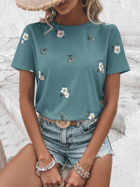 LUNE Floral Print Round Neck Tee Graphic T Shirt