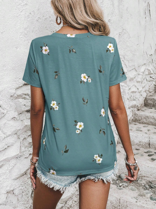 LUNE Floral Print Round Neck Tee Graphic T Shirt