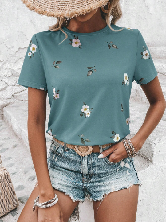 LUNE Floral Print Round Neck Tee Graphic T Shirt