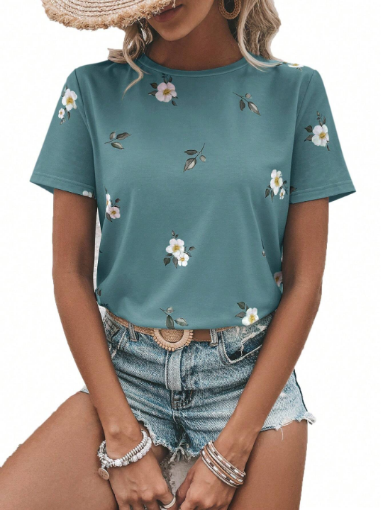 LUNE Floral Print Round Neck Tee Graphic T Shirt