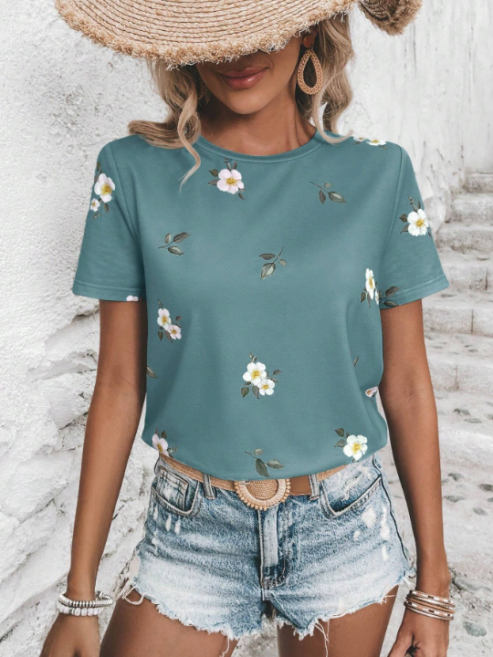 LUNE Floral Print Round Neck Tee Graphic T Shirt