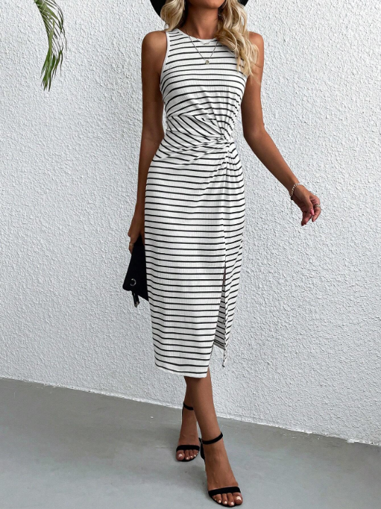 LUNE Striped Twist Front Split Thigh Tank Dress