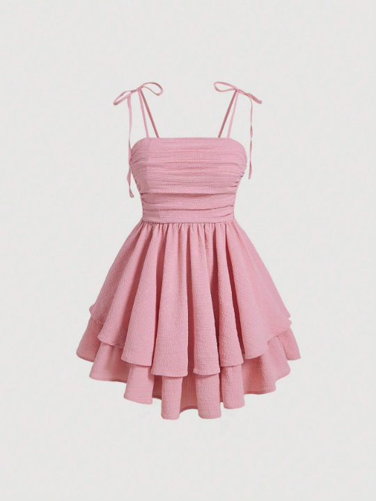 MOD Tie Shoulder Two Layer Hem Summer Pink Cami Dress