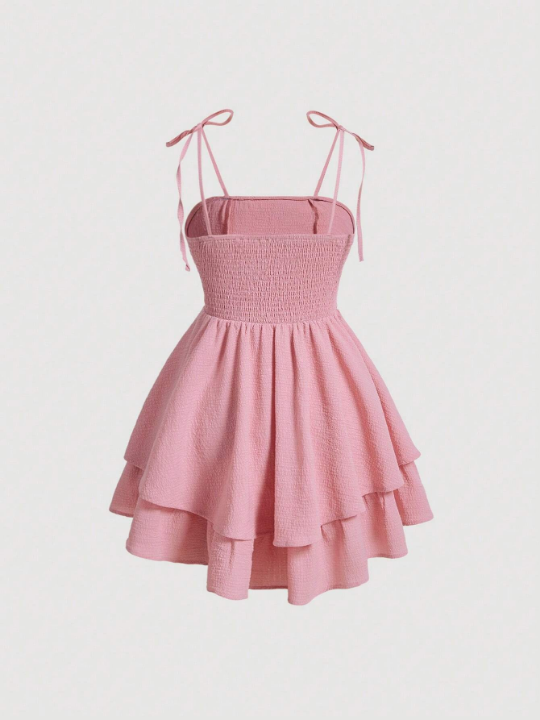 MOD Tie Shoulder Two Layer Hem Summer Pink Cami Dress