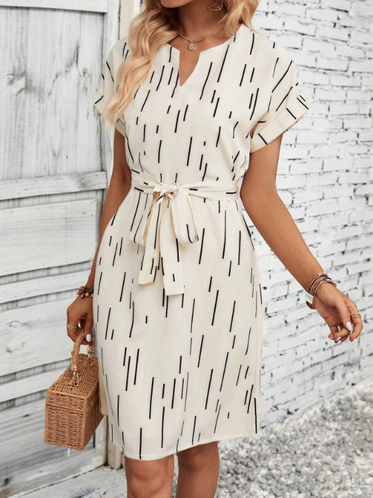 LUNE Allover Print Notched Neckline Batwing Sleeve Belted Dress