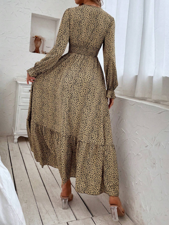 Allover Print Flounce Sleeve Shirred Dress