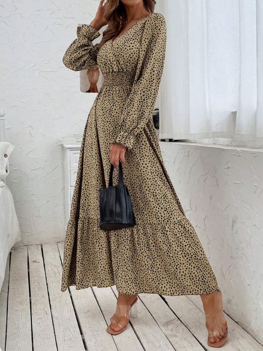 Allover Print Flounce Sleeve Shirred Dress