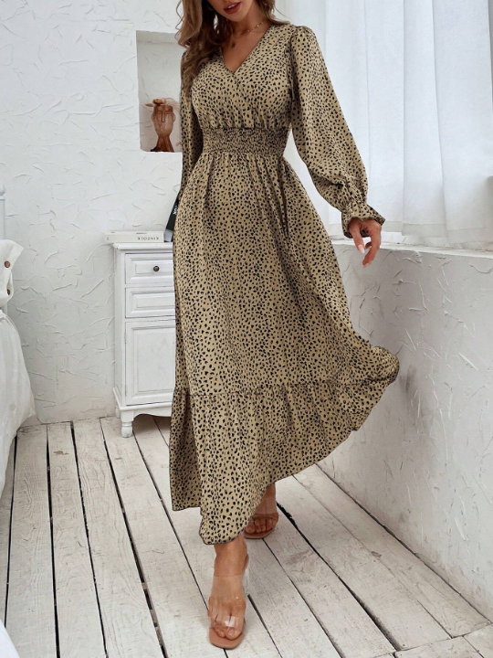 Allover Print Flounce Sleeve Shirred Dress