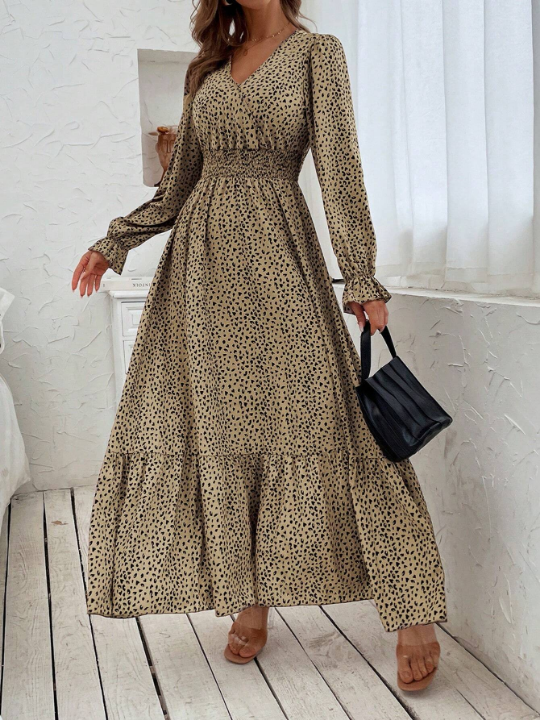 Allover Print Flounce Sleeve Shirred Dress